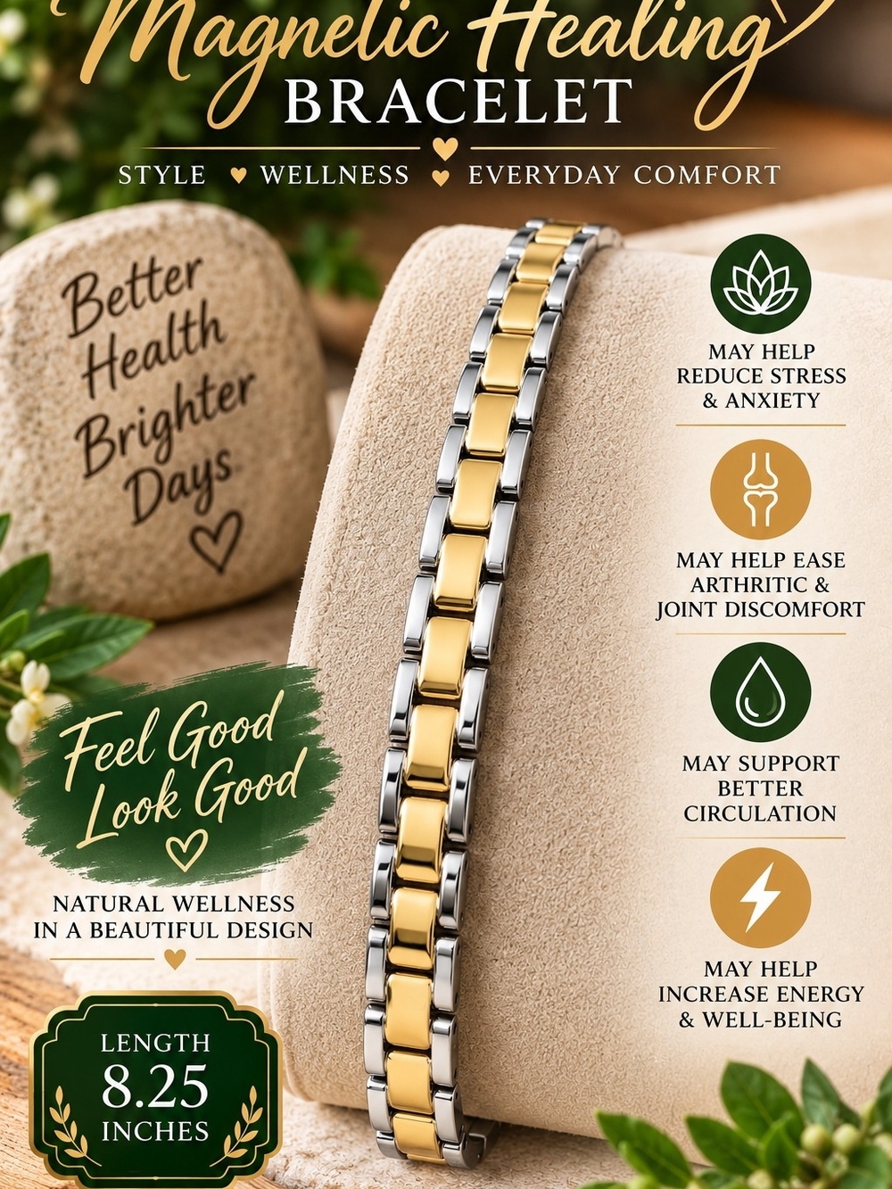 Two-Tone Gold & Silver Magnetic Wellness Bracelet for Women